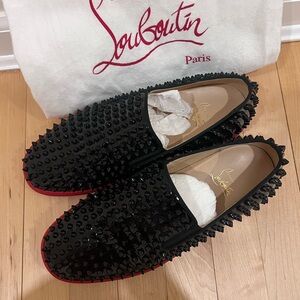 Christian Louboutin Black Studded Loafers with Red Soles